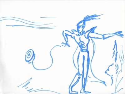 Pen and ink illustration of someone throwing a yo-yo on the coast